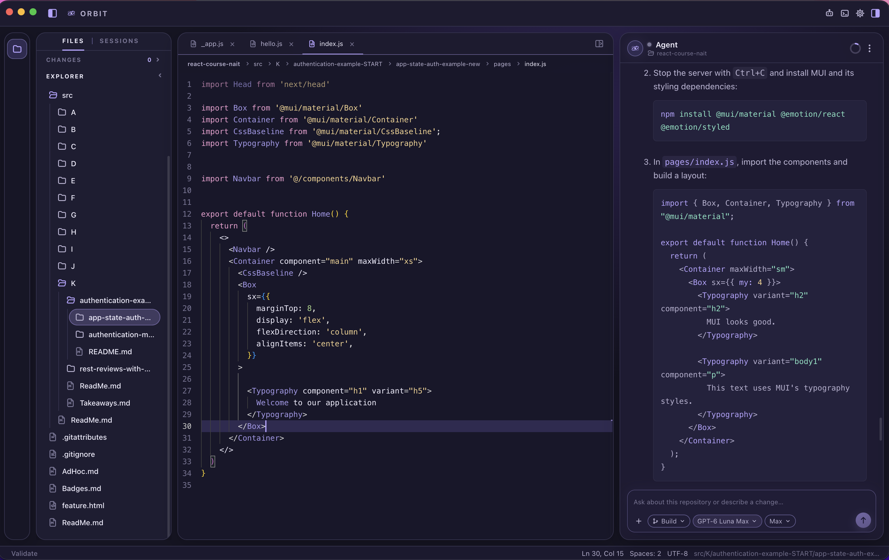 Orbit desktop workbench with agent, editor and terminal panels