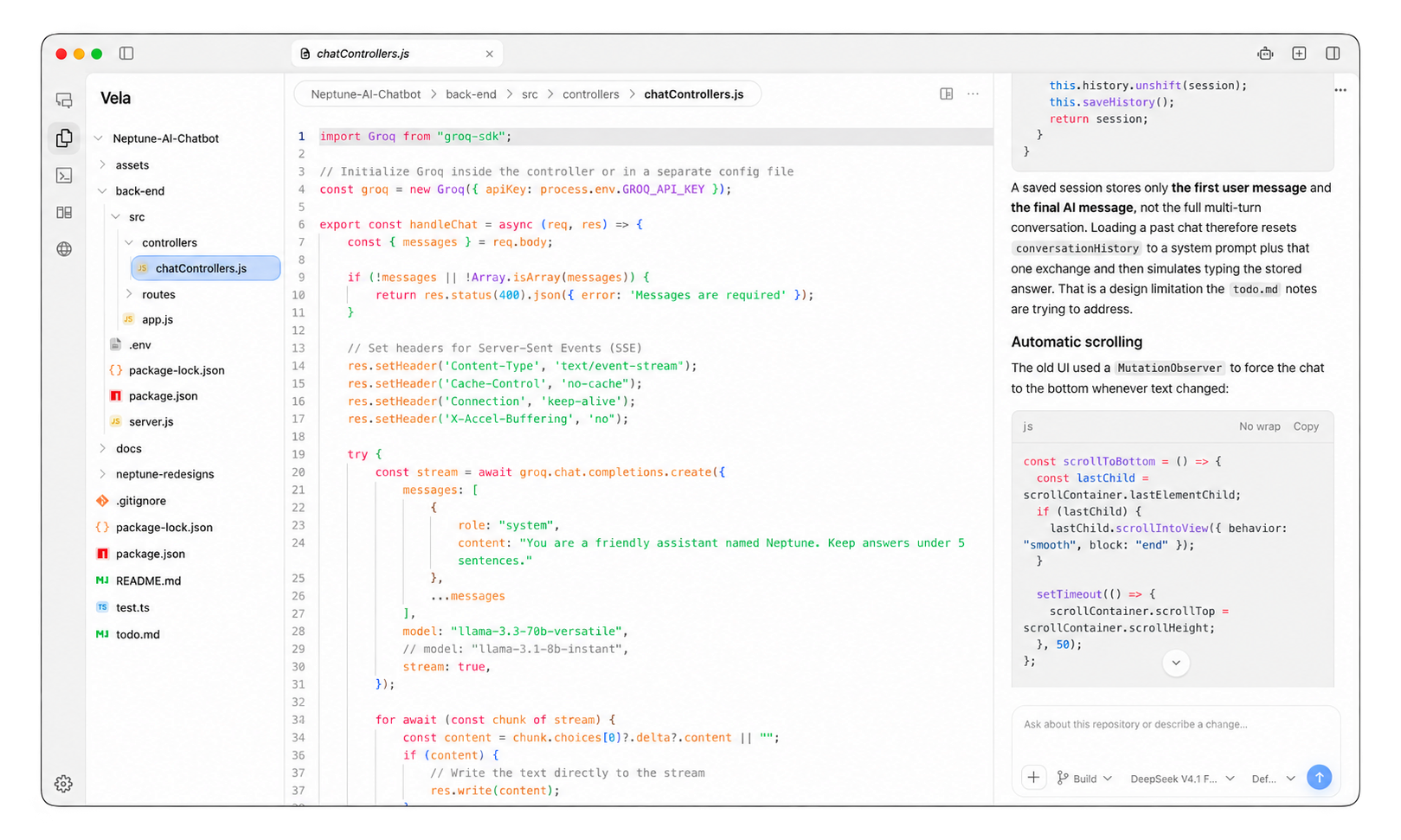 Vela in a light theme, with the file tree, a chat controller in the editor, and an OpenCode conversation in one window.